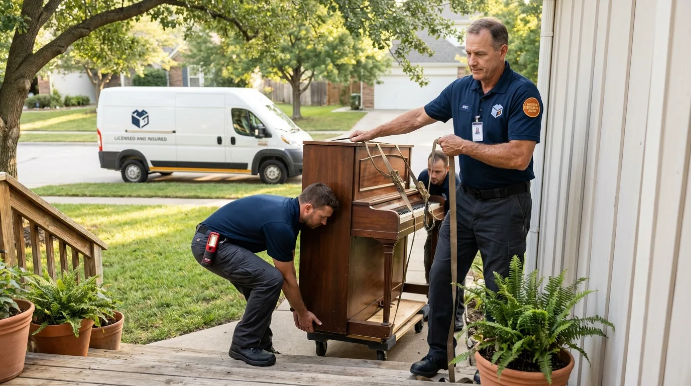 Licensed piano movers securing grand piano in Fruitport, MI