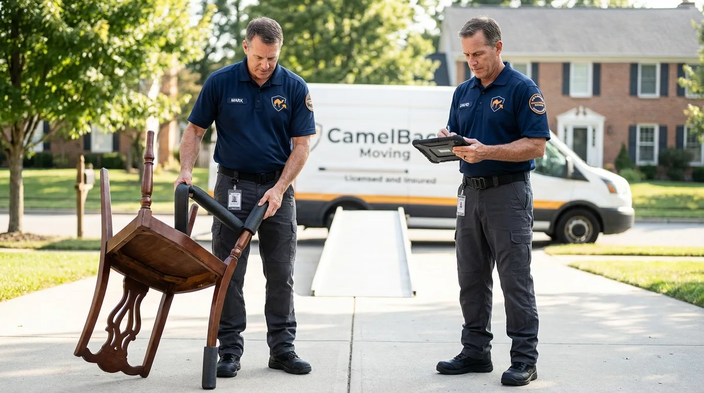 Movers inspecting furniture for damage prevention before loading in Fruitport, MI