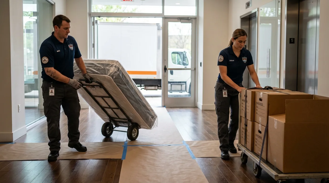 Professional apartment movers loading elevator in Fruitport, MI