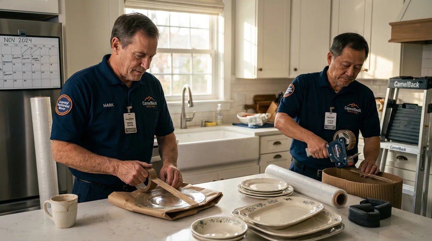 Professional crew packing kitchen dishware in Fruitport, MI